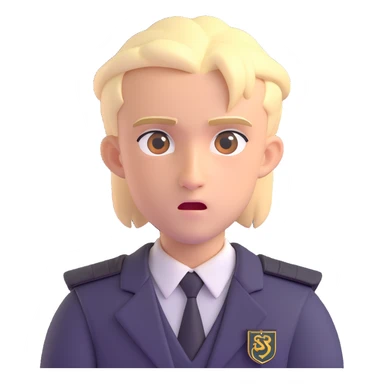Draco Malfoy face, pale blond hair, sharp features, sly expression, school uniform, Harry Potter inspired, 3D emoji style sticker