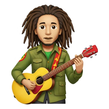 Icon for Reggae Music: Bob Marley with his guitar, surrounded by his band, The Wailers. The design should capture the laid-back, rhythmic vibe of reggae, with iconic dreadlocks and vibrant colors (red, yellow, green). Transparent background. sticker