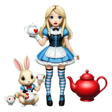  3d rendering,  ultra detailed, Alice in wonderland modern style in a punk gothic style outfit, stripped knee high socks, gothic platform heels, long blonde hair, eyeliner, red lipstick, falling through rabbit hole,  holding a tea pot, transparent background
 sticker