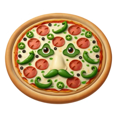 a  whole pizza with pepperonis from eyes and mushroom from the nose and green bell pepper from the mouth and mustache sticker