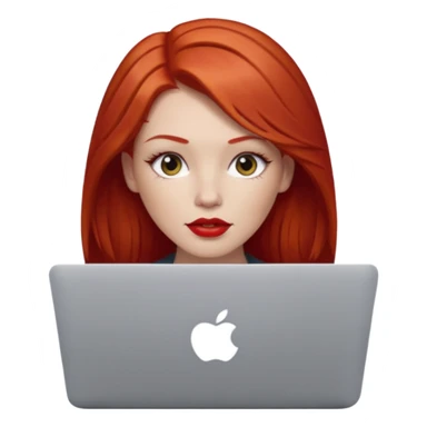 white-skinned red-haired woman with middle-parted red hair, red lipstick, using a MacBook sticker
