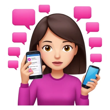 Social media manager. She has dark brown hair, brown eyes, overwhelmed expression, slightly stressed face,a holding a smartphone with notifications piling up. Use vibrant colors with a focus on pink and fuchsia tone sticker