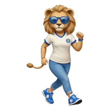 friendly anthropomorphised female lion wearing a baseball shirt, jeans, trainers, dark sunglasses, jogging upright, looking dominant and confident sticker