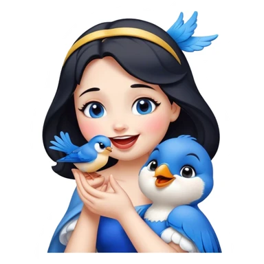 Cinematic Adorable Snow White Portrait Emoji, Giggling as a bluebird perches on her finger, cheeks rosy with joy, bright expressive eyes full of wonder, her innocence and beauty blending into a heartwarming moment! sticker