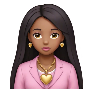 Black girl with STRAIGHT LONG HAIR DOWNhair down with baby edges and formal clothes that are pink for her interview and a gold heart necklace  sticker