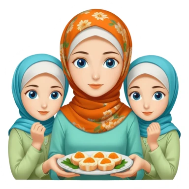 Three sister Turkish girls beautiful finish Konya blue eyes with orange floral hijab and light green dress and make turkish Breakfast sticker
