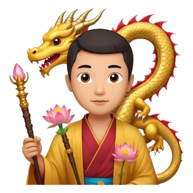 man with asian dragon, scepter, buddhism, lotus sticker