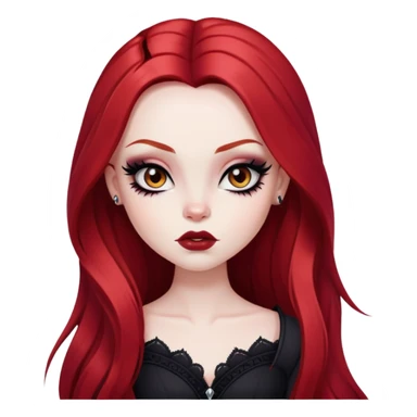 goth red long hair, pale skin,  brown iris, pretty bratz baddie, strong black eyeliner sticker