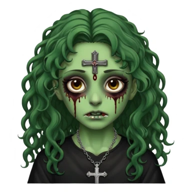 Zumbi verde com olhos castanhos aspecto de que tá sangrando, com cabelo castanho cacheado longo um piercing do lado esquerdo do nariz, roupa preta e crucifixo como colar, e também delineador  sticker