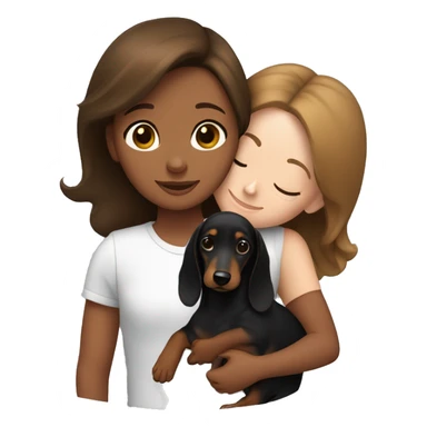 Girl with brown hair snuggling a black and brown dachshund sticker