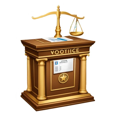 An icon featuring a ballot box with a voting paper, a government building with columns, and a scale of justice, symbolizing political science. The design includes a world map in the background, representing global political systems. Transparent background highlights governance and civic studies. sticker