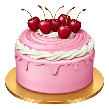 Round pink frosted cake with textured buttercream sides, placed on a gold cake board.
White whipped cream swirls on top, each topped with glossy red cherries with stems, clean studio lighting, isolated background, realistic minimal smooth emoji-style. sticker