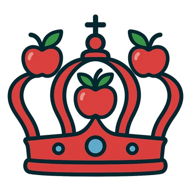 Increase the use of red in the classic royal crown, making the apples and crown band predominantly red, with green leaves for contrast, no background. sticker