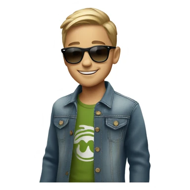 smiling boy in stylish outfit with ray-ban sticker