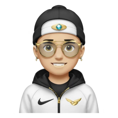 un emoji de un chico emcapuchado blanco, con gorro kalenji, dientes de oro, com uma chaqueta negra nike tech y unas gafas de oakley, con pendientes de diamante  sticker