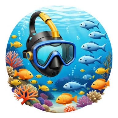 An icon featuring a close-up of a freediving mask and snorkel, with a breath-holding diver's fins, set against a vibrant underwater world. The design includes coral reefs, fish, and bubbles, symbolizing the serene beauty and thrill of freediving. Transparent background highlights the calm sticker
