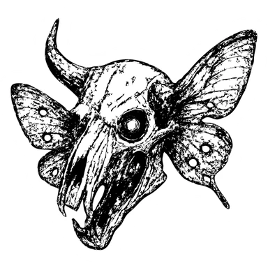 detailed red line art of nightmarish minotaur-stoat hybrid skull with fractured horn and sinister glowing eye, detailed deteriorating moth wings, extensive weathering with deliberately missing pieces, scratched surfaces, and worn edges, twisted asymmetrical features, complex textures, some hollow/transparent sections, 100% red horror imagery sticker