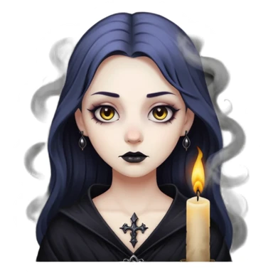 Pale woman with kohl-lined eyes staring through candle smoke, predatory calm, gothic fantasy mood sticker