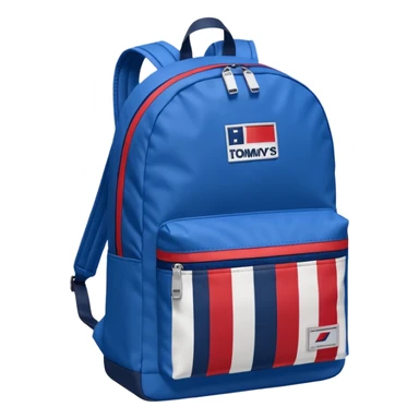 simple blue backpack, at the bottom pocket there is a  one tommyjeans logo featuring a Tommy Jeans-inspired logo. The logo looks like a vertically-flag in red, white. The flag stripes are vertical, not horizontal. Flat

 sticker