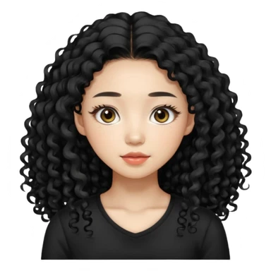 Korean woman with black cute long curly hair  with a black top with long lashes sticker