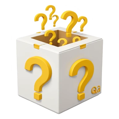 white cube shaped box printed with "q&a" over stuffed with yellow question marks sticker