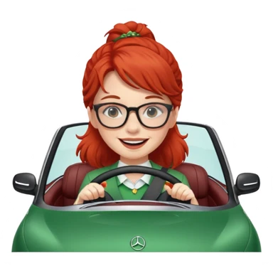 Irish red girl smile with glasses driving fast in a Mercedes convertible sticker