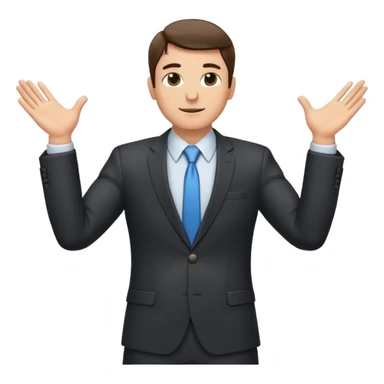 Sticker of a man in a business suit, front view, both arms extended in front of his body at waist level, below chest, hands low near the stomach, elbows slightly bent, palms facing inward as if holding an invisible box, not raised, not upward sticker