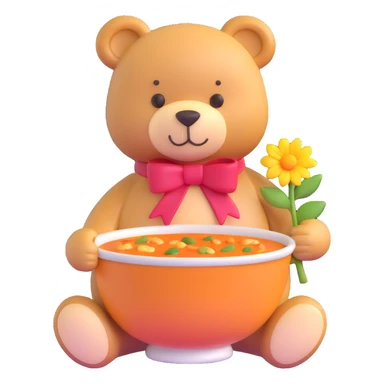 teddy bear with soup and flower sticker