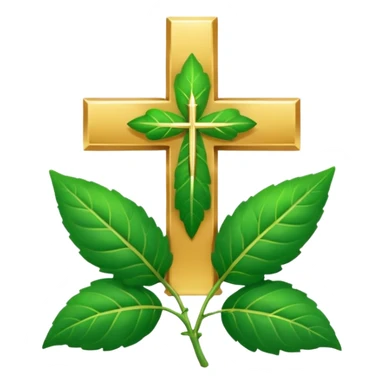 "A clean, friendly emoji of three vibrant green Tulsi (Holy Basil) leaves centered over a small, glowing golden cross or 'plus' sign, symbolizing healing. Simple, flat, 32x32 pixel icon style. Transparent background. Icon for natural healing and wellness." sticker