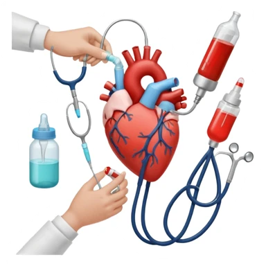 hands making a loveheart with background of stethescope, heel lancet, baby blood tubes, monitoring cables, baby bottle, cute scrapbooking paper,  sticker