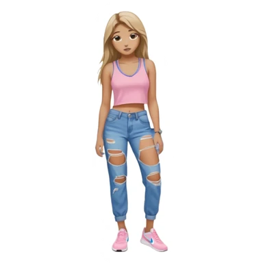 preppy teenage girl, tan, less blonde highlights, brown long hair, long eyelashes, beach aesthetic, wearing cute clothes, wearing ripped blue long baggy jeans with a light pink revealing low neck crop top, wearing Nike shoes, very sexy, long eyelashes, pretty sticker
