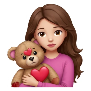 girl with long wavy brown hair, brown eyes, light to medium complexion, in a pink shirt, pink lips, long lashes, sad, hugging a teddy bear with a  heart sticker