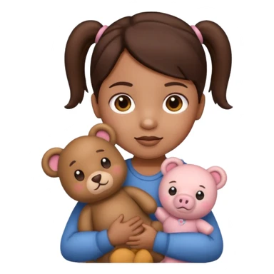Toddler emoji with two pigtails dark brown hair holding stuff sticker