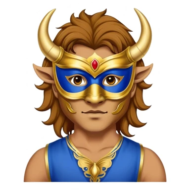 a man, with a Blue vest,  wear half-face golden Buffalo masquerade mask sticker