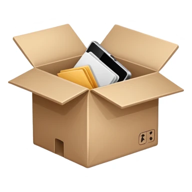 Minimalistic flat vector icon, iOS style, thin black contour on white background. Open box with old items being cleared out. Clean, modern, no text, no shadows sticker