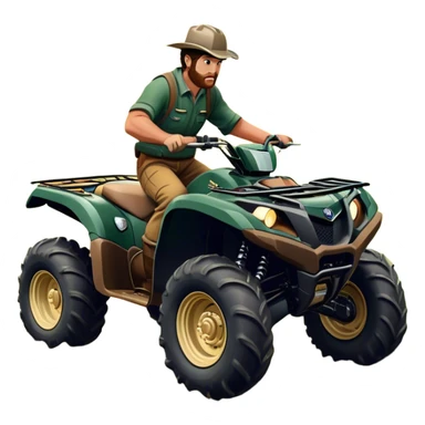 Yamaha Grizzly 700 (2019) – Cinematic-realistic Yamaha Grizzly 700 ATV, its dark green frame tearing through muddy trails. Thick off-road tires grip the rugged terrain as a farmer rides across the paddock, herding cattle with precision under a golden sunset. sticker