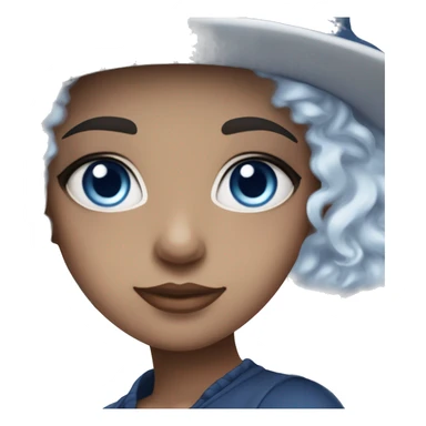 a girl with heterochromia, one eye is light blue and the right eye is dark blue, white short curly hair, with a small hat thats blue on the left side of her head, and is pretty, dark blue oufit, her hair is white with blue streaks in it￼ sticker