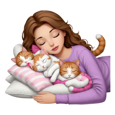 girl with long wavy brown hair, brown eyes, long lashes makeup, sexy pink lips, light to medium complexion,  sleeping on a cozy pillow, with 6 cats: 1 brown and white tabby cat, 1 ginger and white, 2 grey and white, 1 grey with white mittens and small white patch on chest and 1 calico, sleeping sticker