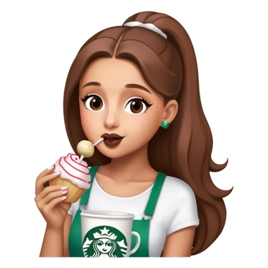Ariana Grande drinking a Starbucks cup and eating a cake pop sticker