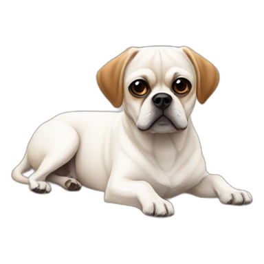 White puggle with brown ears laying on bed sticker