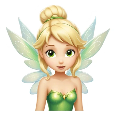 Cinematic Realistic Blonde Tinker Bell Fairy Portrait, head tilted playfully and inquisitively, showcasing a delicate pixie form with finely detailed, golden blonde hair and softly glowing, translucent wings that catch the light with a cascade of fairy dust. Her bright, curious eyes sparkle with mischief and wonder, rendered with lifelike clarity and warm, gentle lighting that captures the essence of a spirited, charming fairy ready to flutter playfully into your heart. sticker
