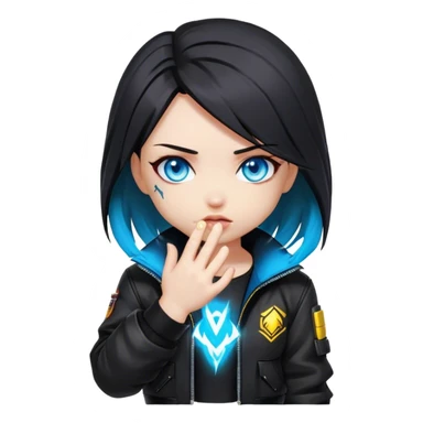 Black hair cyberpunk 2077 chibi girl with blazing blue eyes and black jacket. Hide face in hands sticker