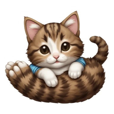 dark brown tabby and white kitten with his eyes closed whilst in funny positions stretched out and  upside down sticker