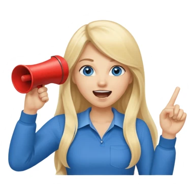  blue eyes blonde girl yelling into megaphone smiling long hair holding up finger sticker