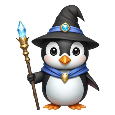 cute penguin wizard with a magical staff and a pointy hat sticker