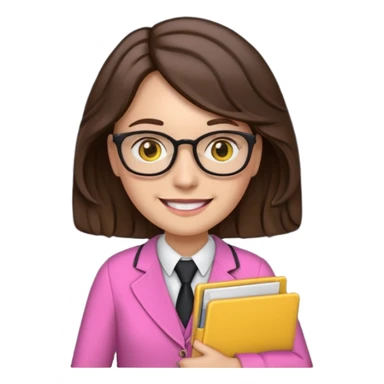 Teacher emoji but : wavy black volume brown hair, light western skin, no glasses, dark eyes, with a computer folder in the hand (color is yellow), being a teacher, wearing pink backpack but wear a teacher formal outfit, smile with teeth







 sticker