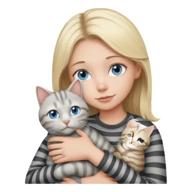 Blonde girl with blue eyes cuddling with light grey tabby cat with dark grey stripes sticker