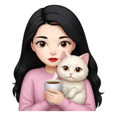 Beautiful Girl Long Hair black, Brows Big , Skin White, Sweater Pale Pink , Big Red Lips, Eyes coffe, Hug Little baby Persa Cream Cat With Cute Eyes sticker