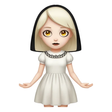 Stylized cult cartoon girl emoji, eerie-cute aesthetic, symmetrical design, subtle spooky vibe, glowing eyes, saying “AMILK”, bold graphic icon sticker