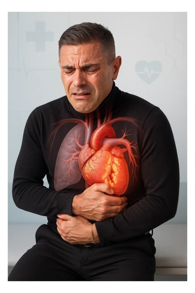 a middle-aged man sits on a bench, clutching his chest with a pained expression. His face is pale and sweaty, and his posture is hunched forward. A transparent overlay reveals his heart and major blood vessels, with highlighted areas indicating blockages or damage. The background is clean and clinical, with subtle medical icons. sticker